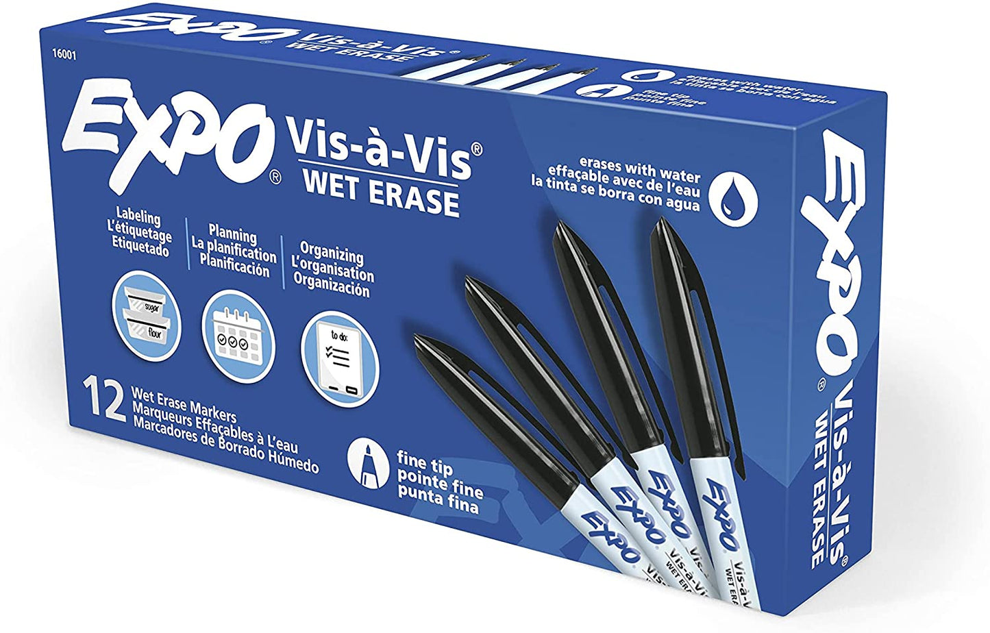 Expo 16001 Vis-A-Vis Wet Erase Markers - for Use on Overhead Projectors, Transparencies and Laminated Calendars - Fine Point, Pack of 12 Markers,Black