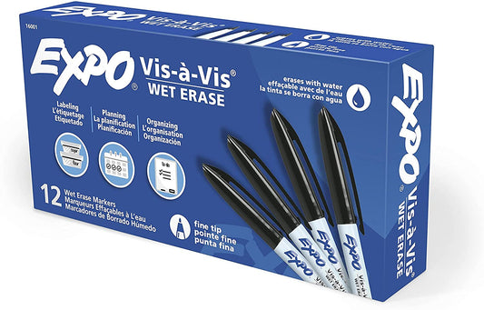 Expo 16001 Vis-A-Vis Wet Erase Markers - for Use on Overhead Projectors, Transparencies and Laminated Calendars - Fine Point, Pack of 12 Markers,Black