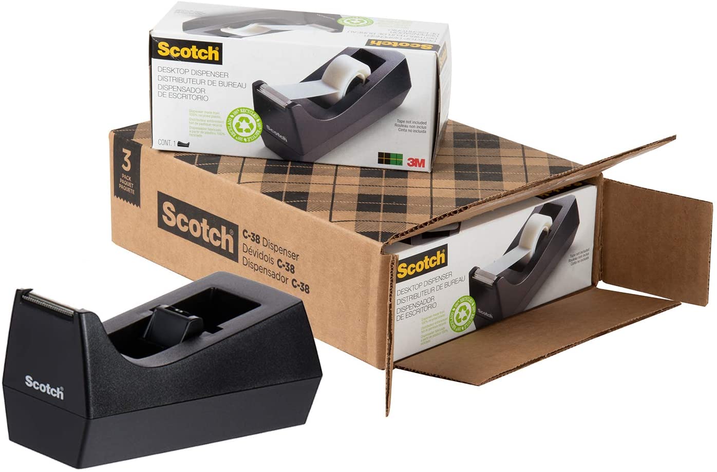 Scotch Desktop Tape Dispenser. 3-Pack. Weighted. Non-Skid Base. Black. Made of 100% Recycled Plastic (C-38-3PK-SIOC)