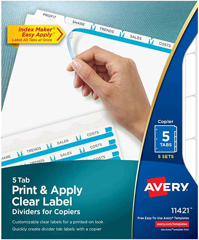 Avery 5-Tab Binder Dividers, Easy Peel Clear Labels for Copiers, Index Maker, White Tabs, 5 Sets (11421)