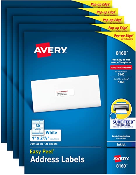 Avery Address Labels with Sure Feed for Inkjet Printers. 1" x 2-5/8". 3.750 Labels. Permanent Adhesive (5 packs 8160)