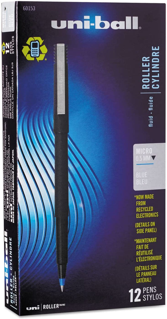 Sanford Uniball Roller Stick Pen. 0.5mm Micro Point. Blue Ink. Dozen (60153)
