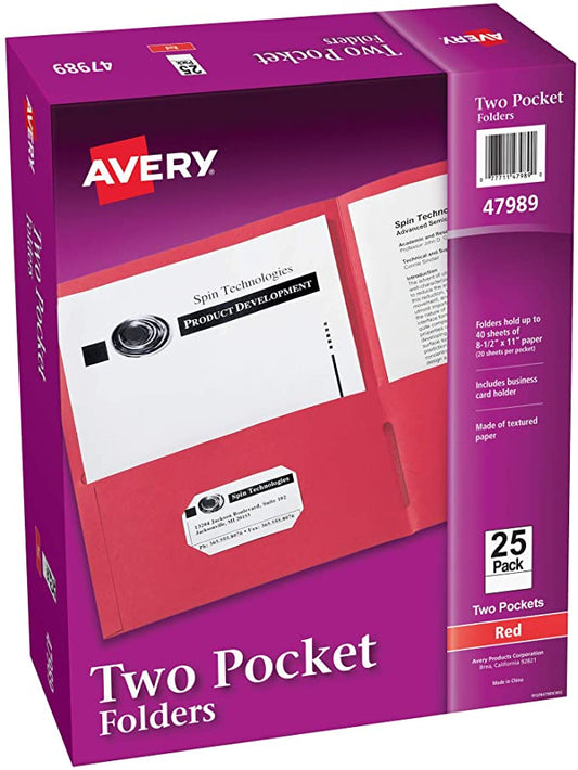 AVERY Two Pocket Folders, Holds up to 40 Sheets, Business Card Slot, 25 Red Folders (47989)