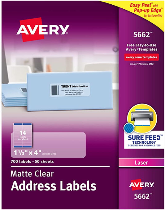 Avery Printable Address Labels with Sure Feed, 1-1/3" x 4", Matte Clear, 700 Blank Mailing Labels (05662)