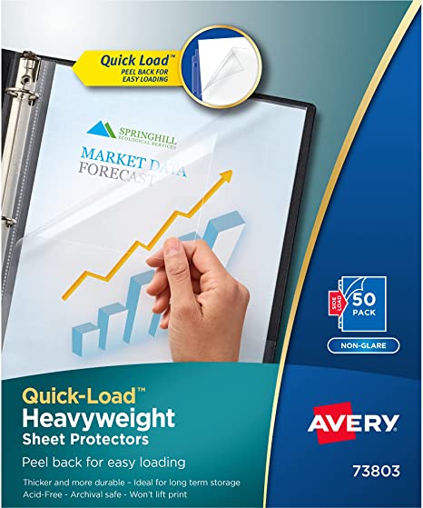 Avery Clear Quick Load Sheet Protectors, Non-Glare, Top & Side Load, 50 Document Protectors (73803)