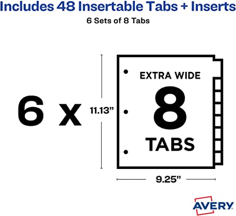 Avery Big Tab Extra-Wide Insertable Dividers for 3 Ring Binders. 8-Tab Set. Multicolor. 6 Sets (21211)