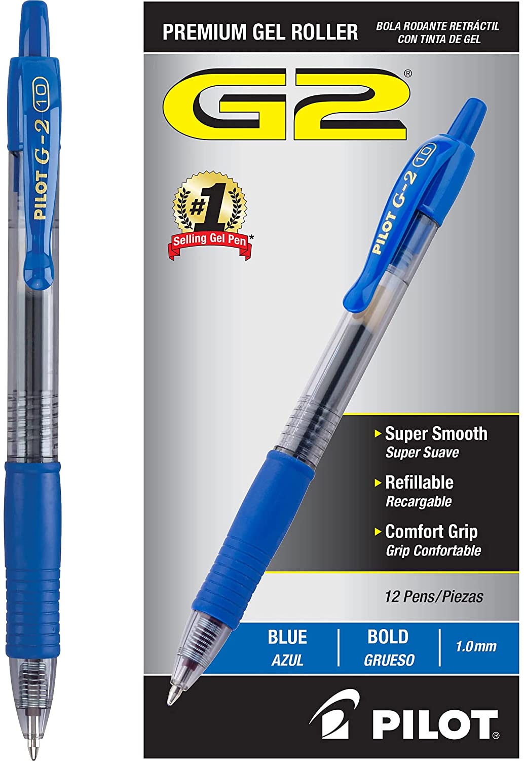 PILOT G2 Premium Refillable & Retractable Rolling Ball Gel Pens. Bold Point. Blue Ink. 12-Pack (31257)