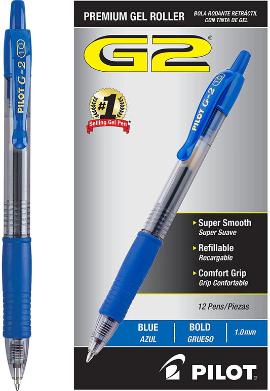 PILOT G2 Premium Refillable & Retractable Rolling Ball Gel Pens. Bold Point. Blue Ink. 12-Pack (31257)