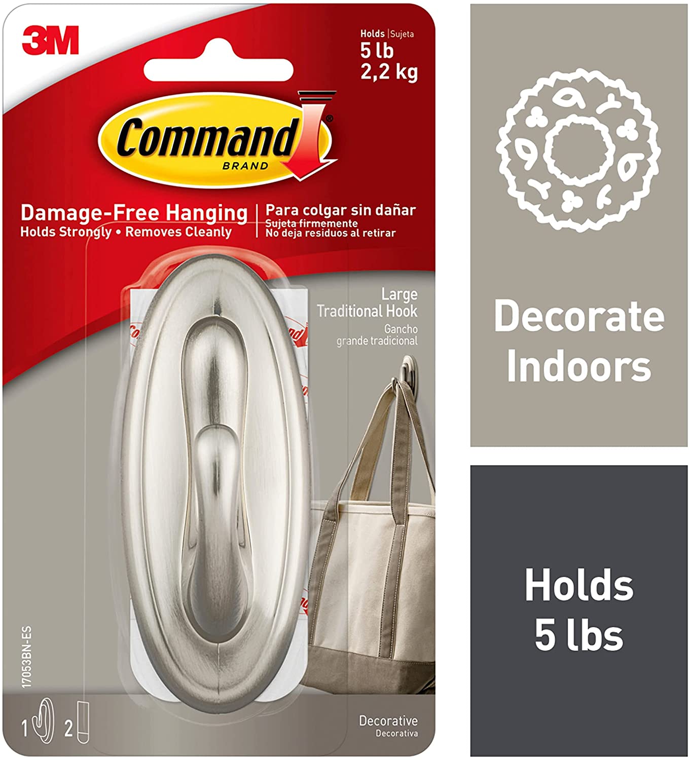 Command Large Traditional Plastic Hook, Brushed Nickel, 1-Hook, 2-Strips, Organize Damage-Free