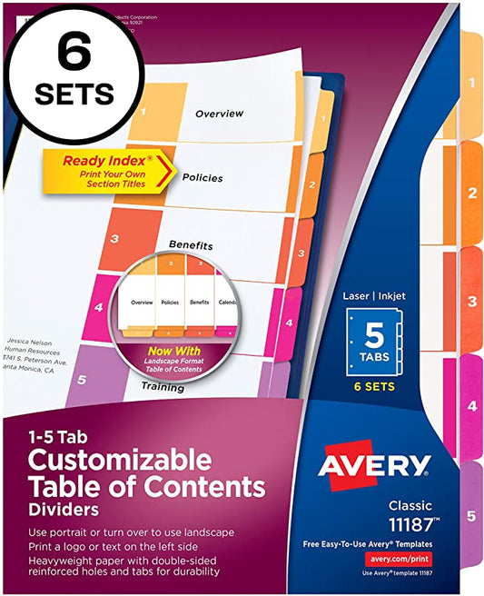Avery 5-Tab Dividers for 3 Ring Binders, Customizable Table of Contents, Multicolor Tabs, 6 Sets (11187)