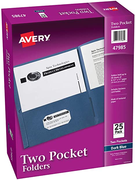 Avery Two Pocket Folders, Holds up to 40 Sheets, Business Card Slot, 25 Dark Blue Folders (47985)