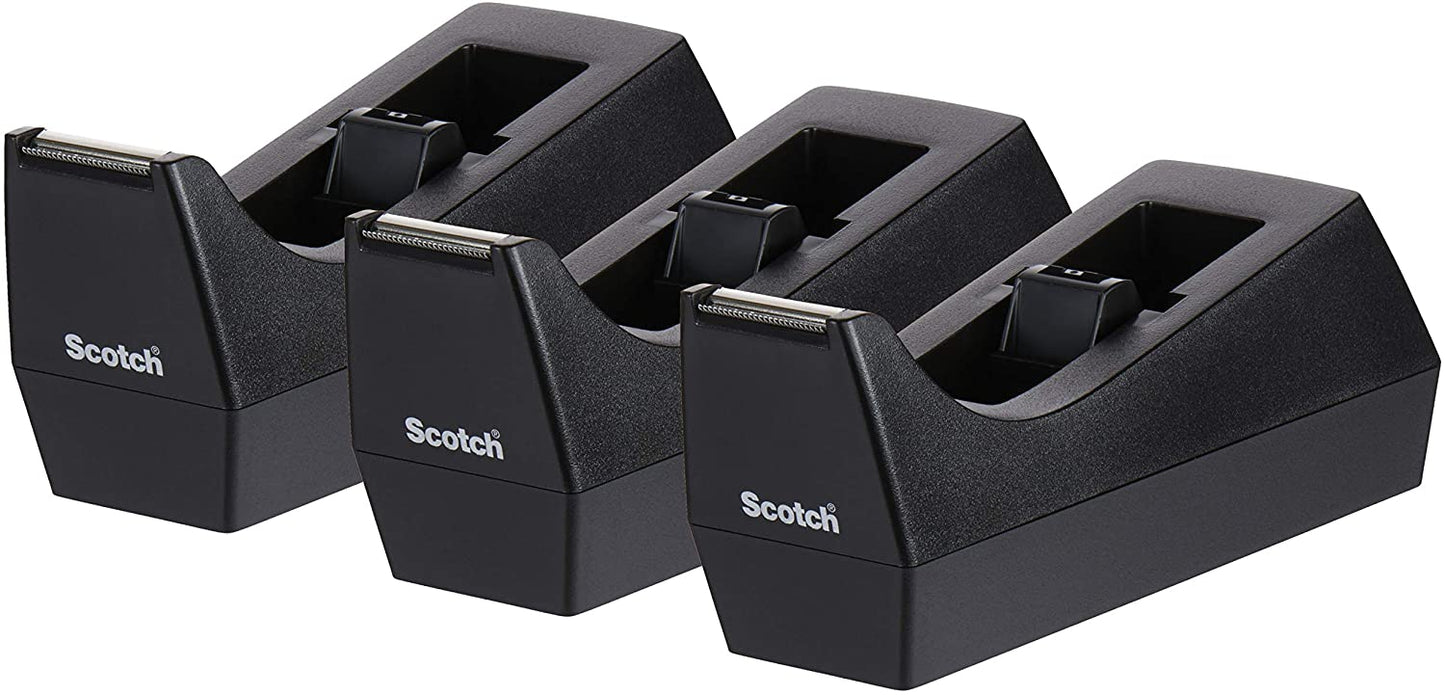 Scotch Desktop Tape Dispenser. 3-Pack. Weighted. Non-Skid Base. Black. Made of 100% Recycled Plastic (C-38-3PK-SIOC)