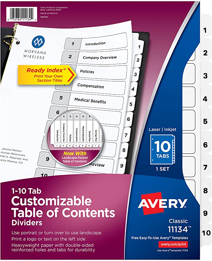 Avery 10-Tab Dividers for 3-ring Binders, Customizable Table of Contents, Classic White Tabs, 1 Set (11134)