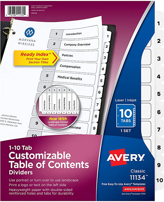 Avery 10-Tab Dividers for 3-ring Binders, Customizable Table of Contents, Classic White Tabs, 1 Set (11134)