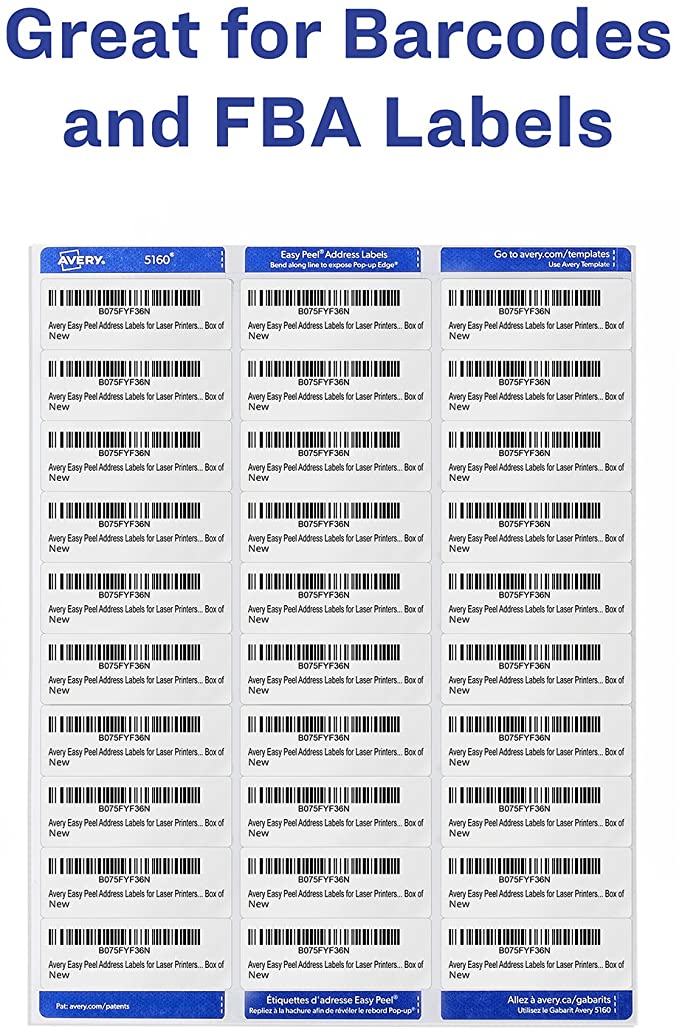 AVERY Mailing Address Labels, Laser Printers, 3,450 Labels, 1 x 2-5/8, Permanent Adhesive, FBA Labels (5160)