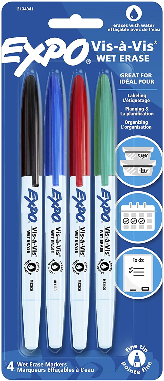 EXPO 16074 Vis-A-Vis Wet-Erase Overhead Transparency Markers, Fine Point, Assorted Colors, 4-Count