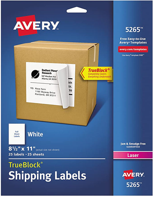 Avery Shipping Address Labels, Laser Printers, 25 Labels, Full Sheet Labels, Permanent Adhesive, TrueBlock (5265), White