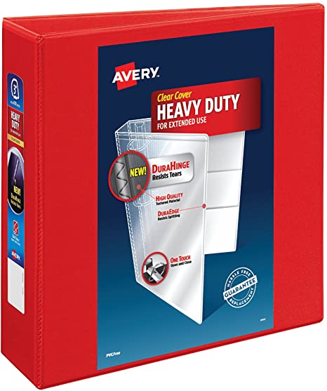 Avery Heavy Duty View 3 Ring Binder.3" One Touch EZD Ring. Holds 8.5" x 11" Paper. 1 Red Binder (79325)