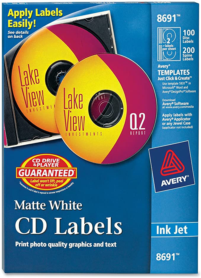 Avery CD Labels - 100 Disc labels & 200 Spine labels (8691)