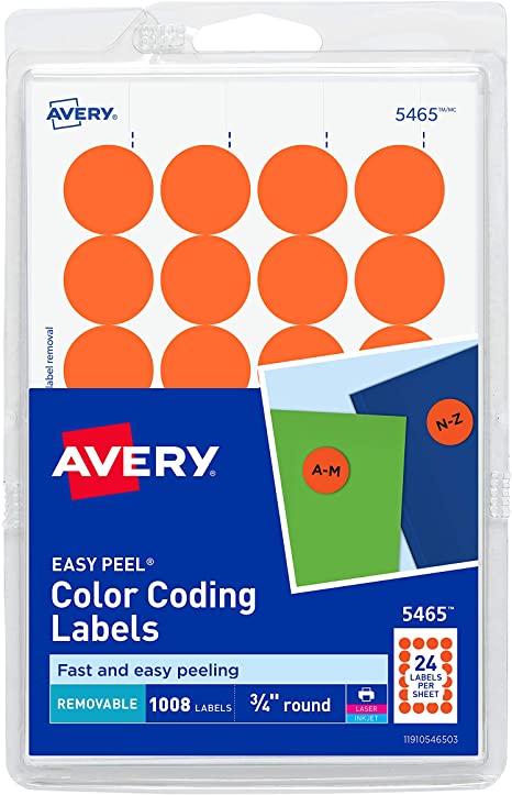 Avery Print/Write Self-Adhesive Removable Labels. 0.75 Inch Diameter. Orange. 1008 per Pack (5465)