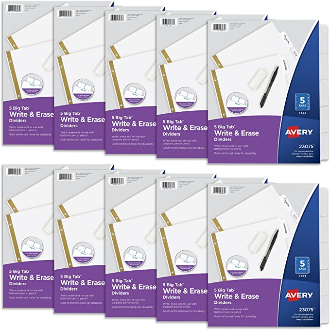Avery Write & Erase Big Tab Paper Dividers for 3 Ring Binder. White. 5 Tab Set. 10 Packs. 10 Sets Total (23075)