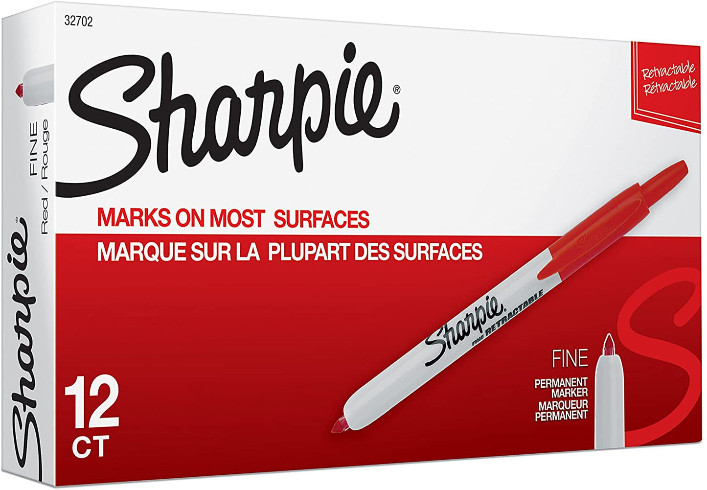 Sharpie 32702 Retractable Permanent Markers, Fine Point, Red, 12 Count