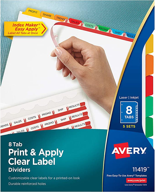 AVERY 8-Tab Binder Dividers, Easy Print & Apply Clear Label Strip, Index Maker, Multicolor Tabs, 5 Sets (11419)