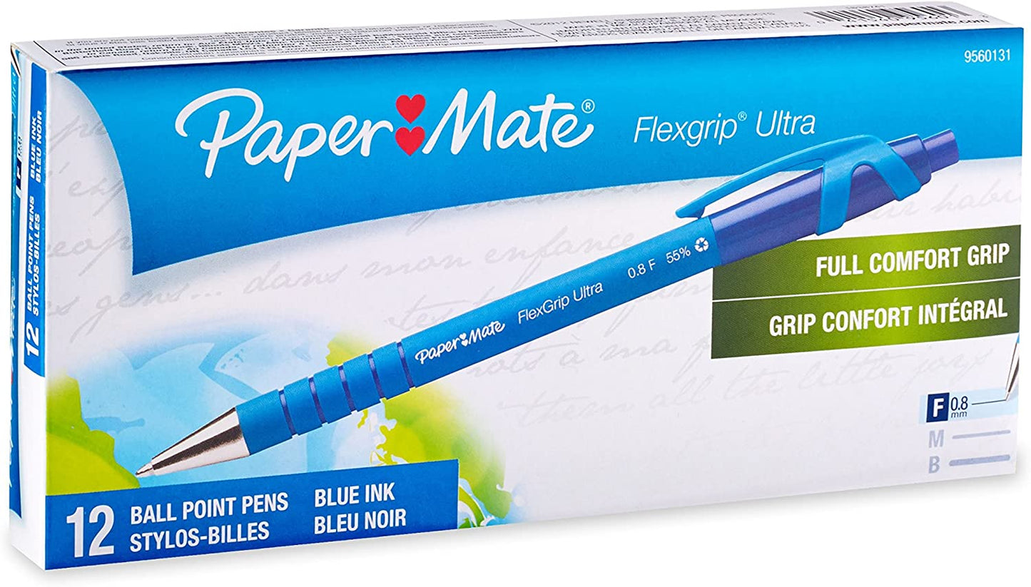 Paper Mate 9560131 Flexgrip Ultra Retractable Ballpoint Pens. Fine Point. Blue Ink. 12-Pack