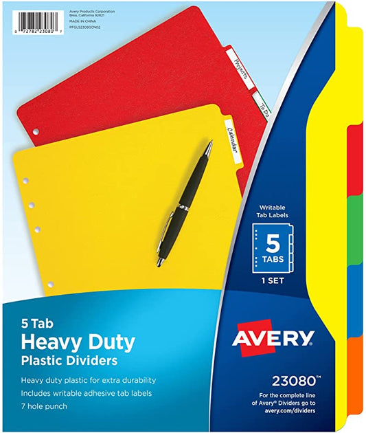 Avery 23080 Heavy-Duty Plastic Dividers w/White Tabs. 5-Tab. Letter