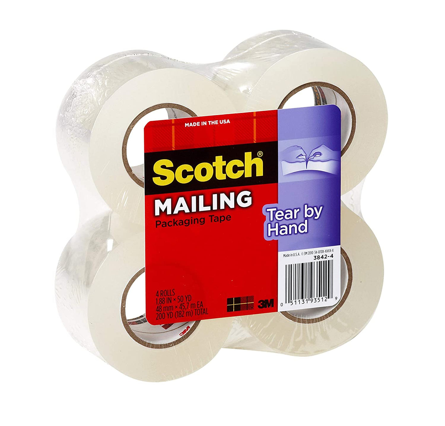 Scotch - 38424 Tear-by-Hand Tape, 1.88 Inches x 50 Yards, 4-Pack (3842-4)
