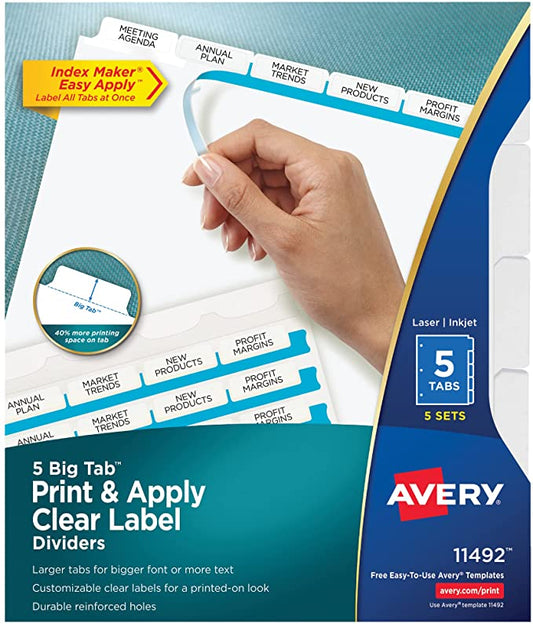 Avery 5 Big Tab Dividers for 3 Ring Binder, Easy Print & Apply Clear Label Strip, Index Maker Customizable White Tabs, 5 Sets (11492)