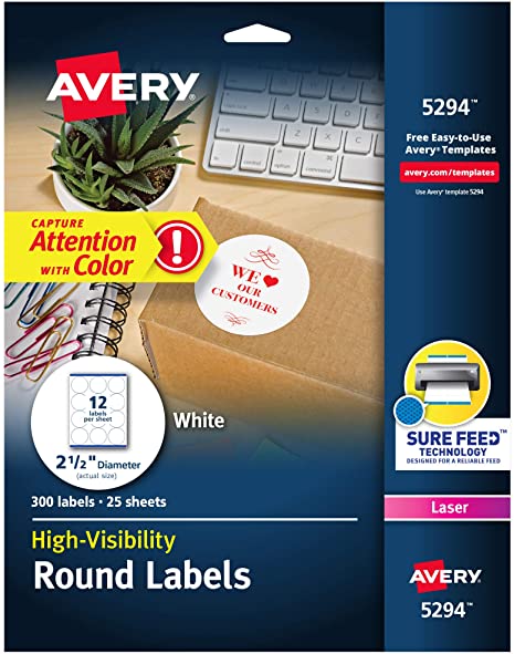 Avery High Visibility 2.5" Round Labels with Sure Feed for Laser Printers - 300 White Labels (5294)