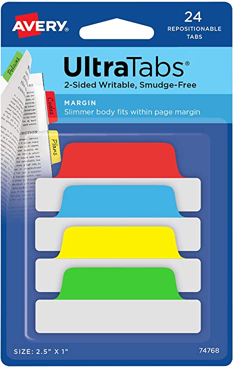 Avery Margin Ultra Tabs. 2.5" x 1". 2-Side Writable. Assorted Colors. 24 Repositionable Page Tabs (74768)