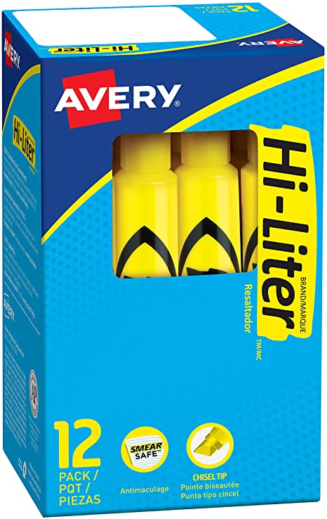 AVERY Hi-Liter Desk-Style Highlighters. Smear Safe Ink. Chisel Tip. 12 Yellow Highlighters (07742)