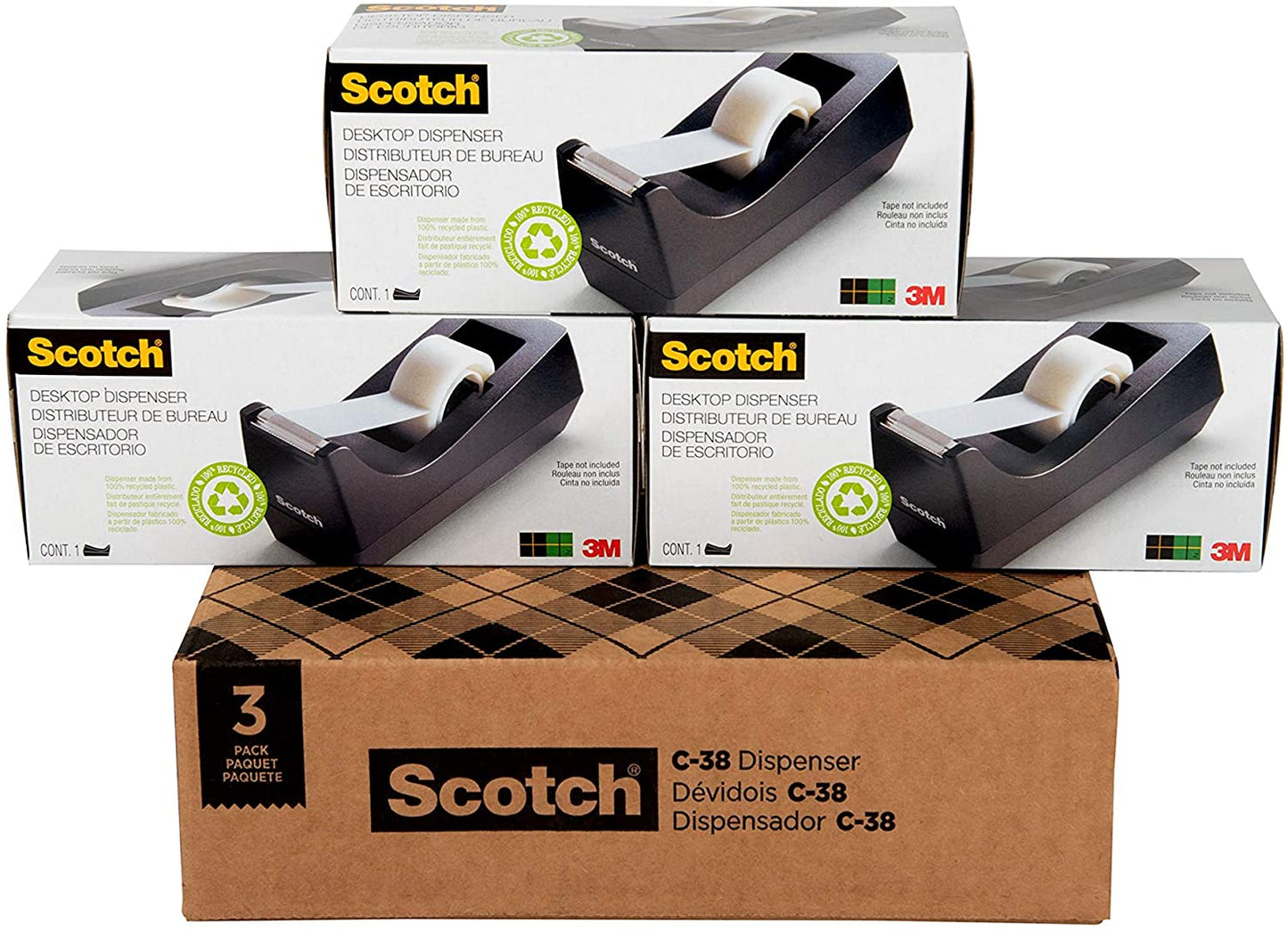 Scotch Desktop Tape Dispenser. 3-Pack. Weighted. Non-Skid Base. Black. Made of 100% Recycled Plastic (C-38-3PK-SIOC)