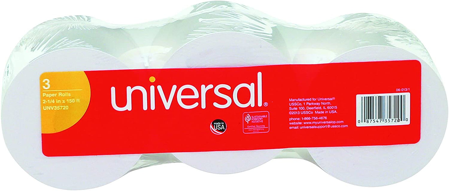 Universal 35720 Adding Machine/Calculator Roll. 16 lb. 1/2" Core. 2-1/4" x 150 ft. White (Pack of 3)