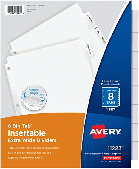 Avery 11223 Insertable Big Tab Dividers. 8-Tab. 11 1/8 x 9 1/4