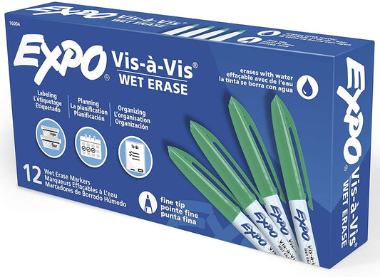 EXPO Vis-A-Vis Wet-Erase Overhead Transparency Markers, Fine Tip, 12-Count