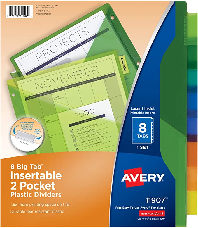 Avery Big Tab Insertable Two-Pocket Plastic Dividers. 8 Multicolor Tabs. Case Pack of 24 Sets (11907)