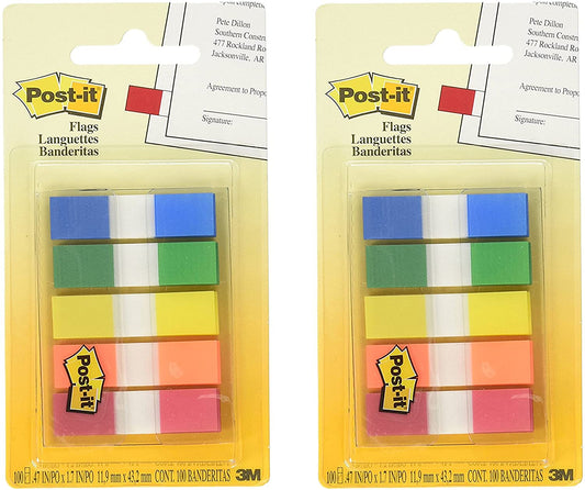 Set of 2 Post-it Flags. Assorted Primary Colors. 1/2 in Wide. 100/On-the-Go Dispenser bundled by Maven Gifts