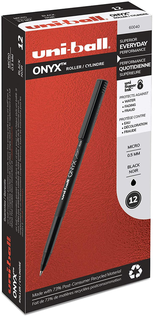 uni-ball Onyx Rollerball Pens Fine Point Micro Tip, 0.5mm, Black, 12 Pack