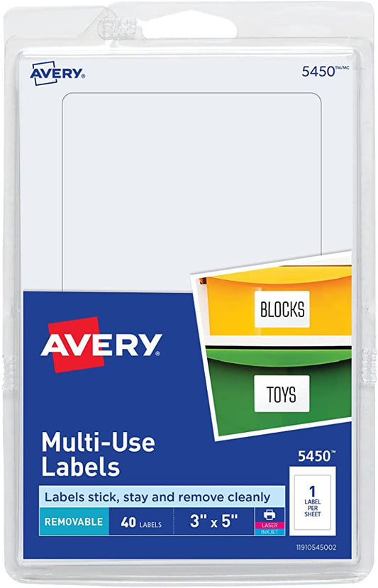Avery 5450 Removable Print or Write Labels, 3" x 5" - White (Pack of 40)