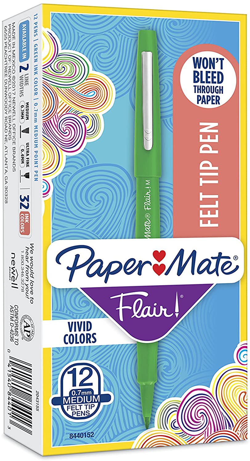 Paper Mate Flair Felt Tip Pens, Medium Point (0.7mm), Green, 36 Count