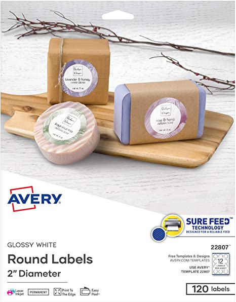 Avery 2" Glossy White Round Labels, Sure Feed, Full Bleed --Print to the Edge, 120 Thank You Labels (22807)