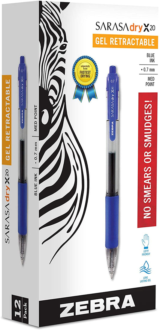 Zebra Pen 46820 Zebra Sarasa Retractable Gel Ink Pens, Medium Point 0.7mm, Blue, Rapid Dry Ink, 12-Count