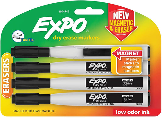 EXPO 1944745 Magnetic Dry Erase Markers with Eraser. Fine Tip. Black. 4-Count