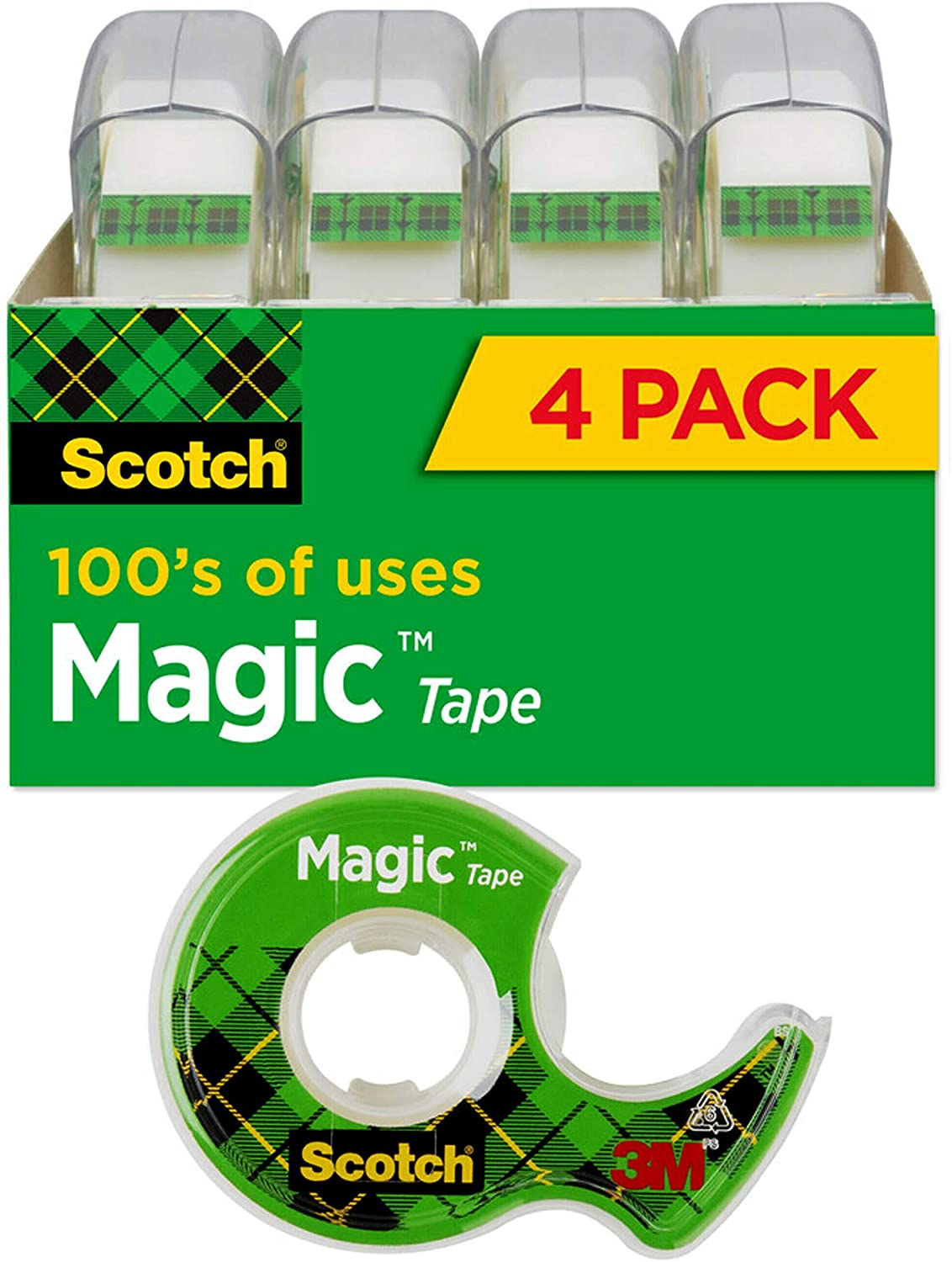 Scotch Magic Tape. 4 Rolls. Numerous Applications. Invisible. Engineered for Repairing. 3/4 x 300 Inches. Boxed