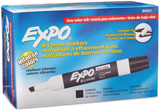 Sanford 80001 Expo Low Odor Dry Erase Markers, Chisel Tip, Black, 12 Each/DZ
