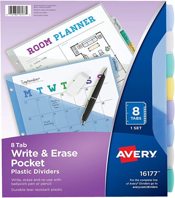 AVERY 8-Tab Plastic Binder Dividers with Pockets. Write & Erase Multicolor Big Tabs. 1 Set (16177)