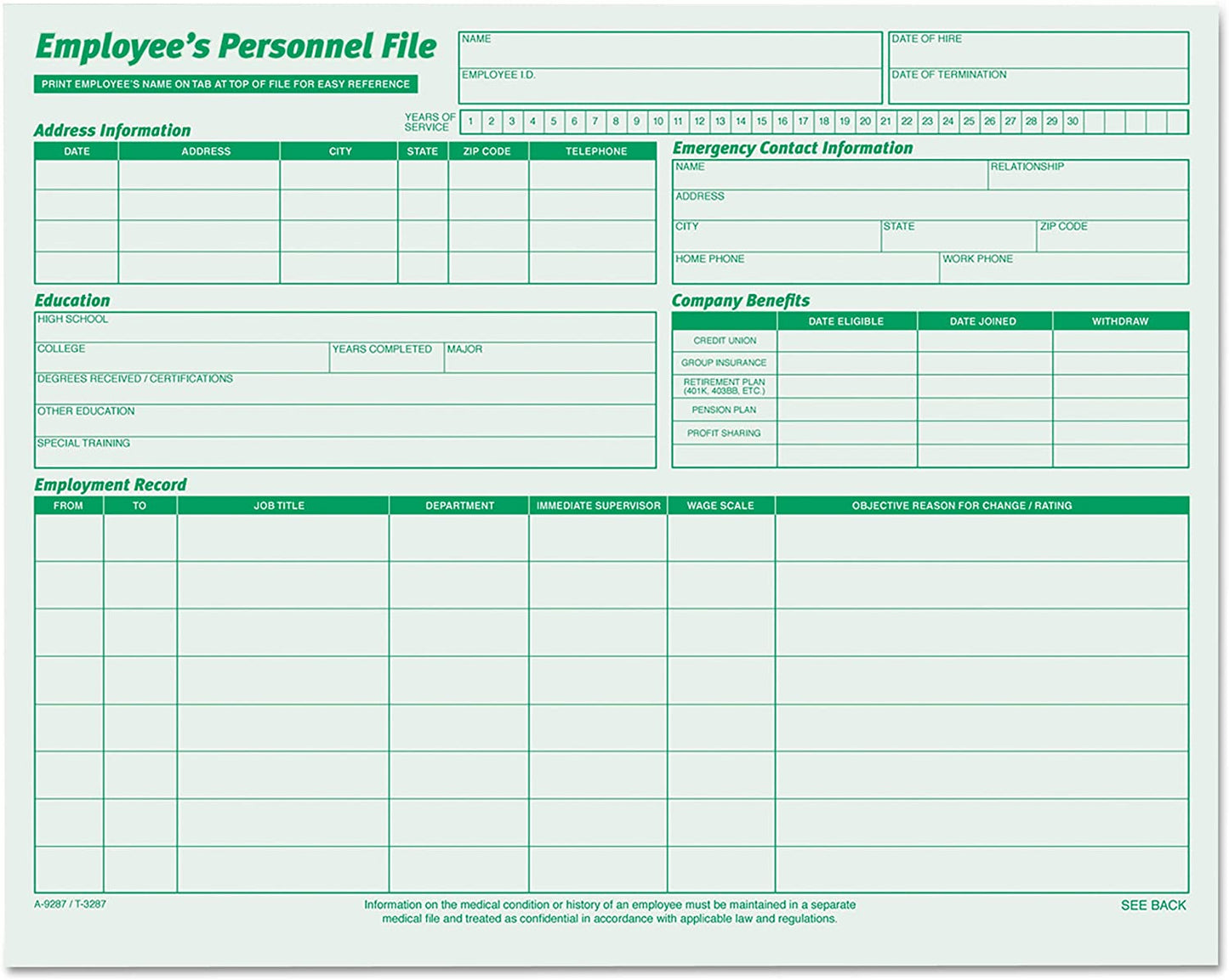 TOPS 3287 Employee Record File Folders, Straight Cut, Letter, 2-Sided, Green Ink (Pack of 20)